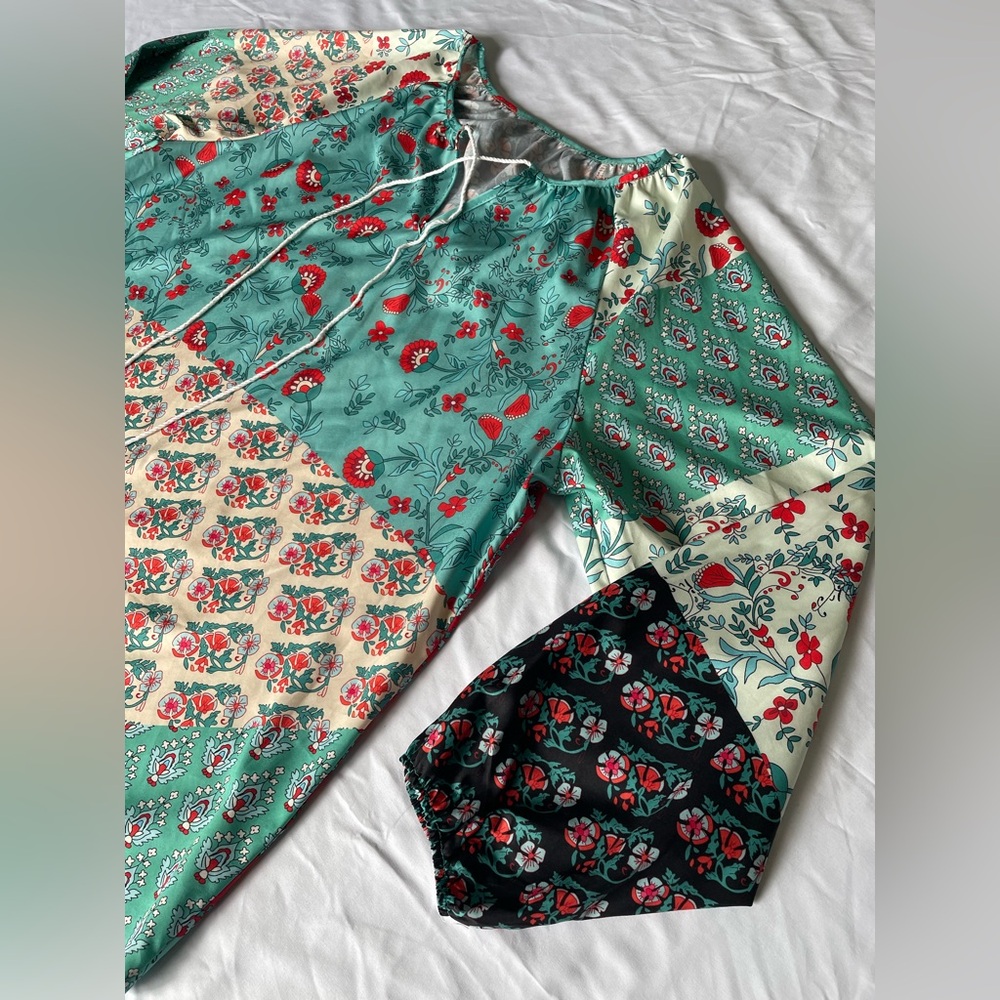 Patchwork Boho Peasant Blouse Top 2XL Floral Spring Balloon Sleeve Casual Tassel - Picture 2 of 16